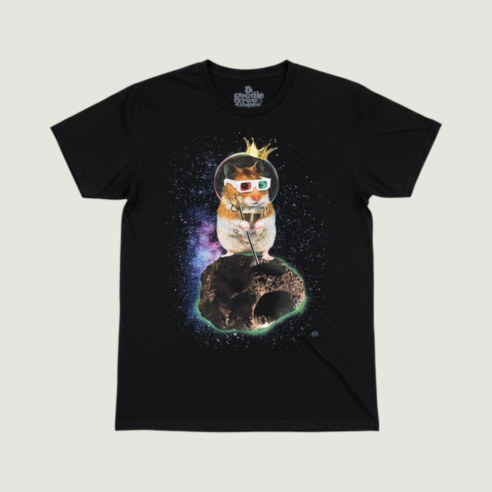 Goodie Two Sleeves Hamster Space 3D Glasses Crown Black Graphic T-Shirt Large